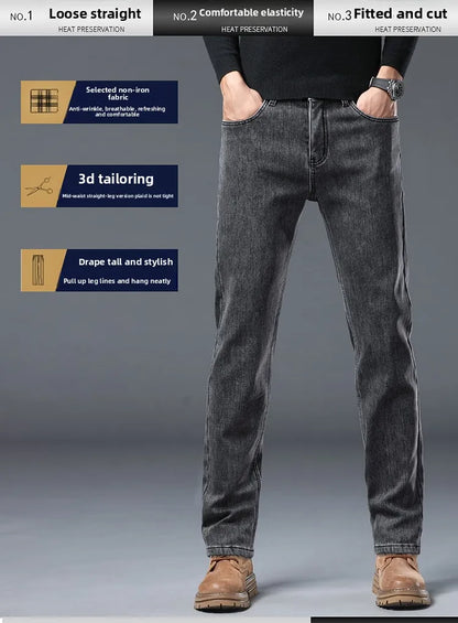 Winter Warm Jeans Men's Slim Straight Elastic Denim Pants Casual Male Clothing Fashion Plush Trousers New Hot Sale Fashion Jeans