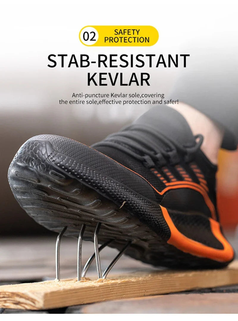 Men's Safety Shoes Anti- Crush Steel Toe Puncture Resistant Kevlar Lightweight Breathable Upper Slip-On Work Shoes