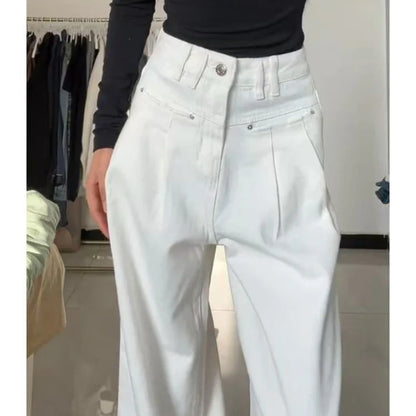 Autumn Spring Denim Pant Women Jeans Vintage Straight Trousers Fashion Female White Black Wide Leg Pants Casual Jeans