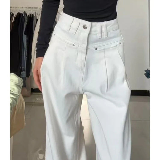 Autumn Spring Denim Pant Women Jeans Vintage Straight Trousers Fashion Female White Black Wide Leg Pants Casual Jeans