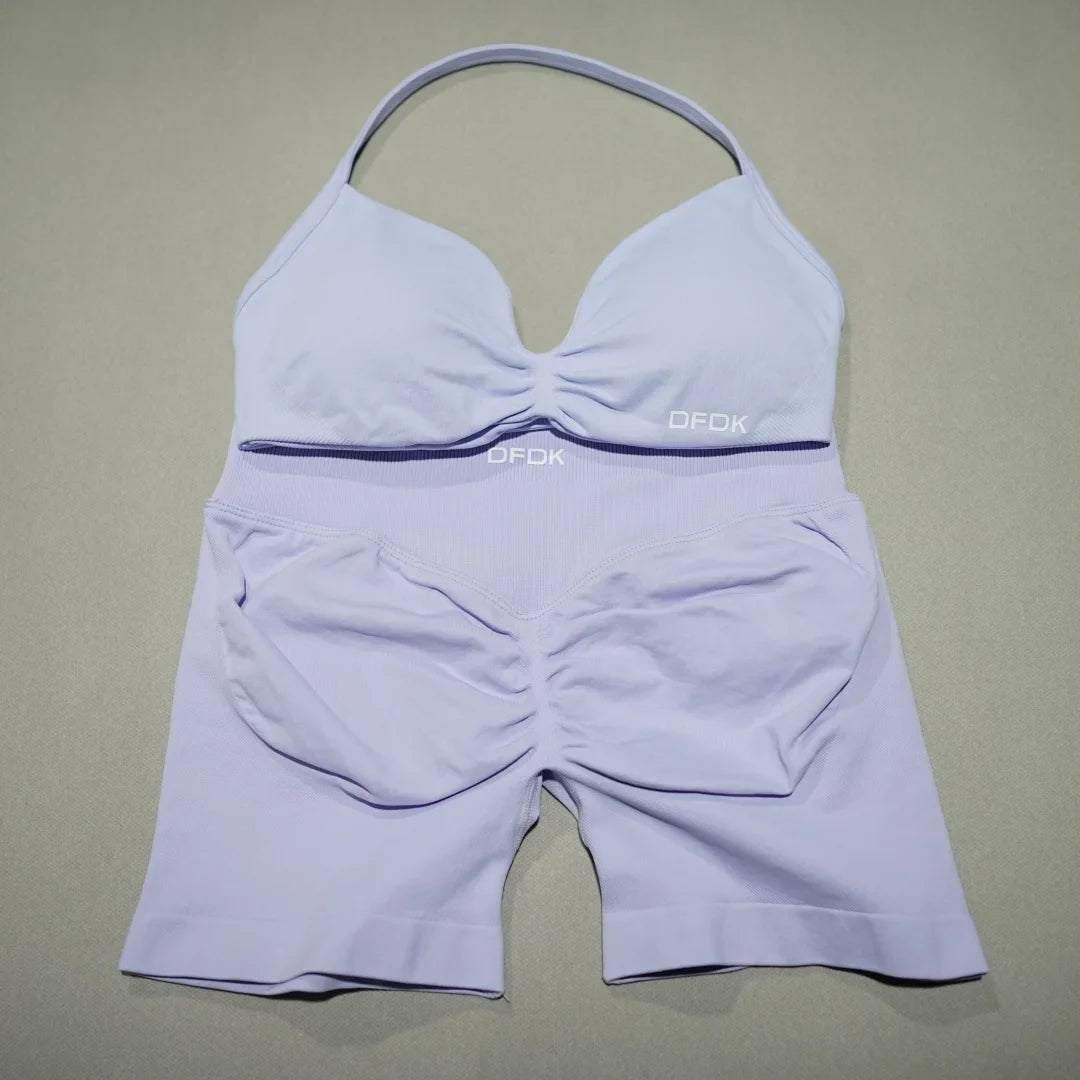 Women 2PCS Fitness Sports Set Lace Up Yoga Bra High Waist Short Leggings Seamless Cycling Running Workout Activewear