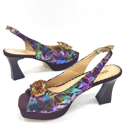 Elegant Women Heels for Peep Toe Good Material Design Rhinestone Fuchsia Sandals Italian Shoes and Bags Matching Set 2025