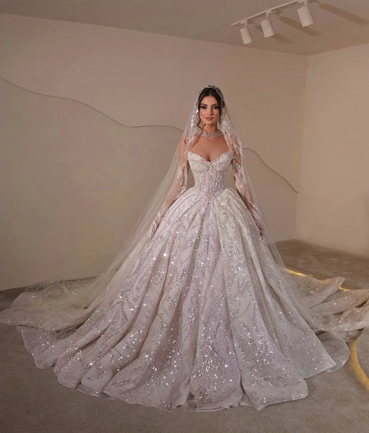 Customized Wedding Dresses Sequins Pearls Bridal Ball Gowns Strapless Sleeveless Princess Bride Dress Vestidos De Novia