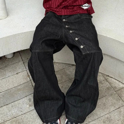 Y2K High Street Buckle Curved Jeans Wide Leg Pants Autumn Men'S Loose Straight Leg Pants Black Korean Casual Pants Hip-Hop Pants