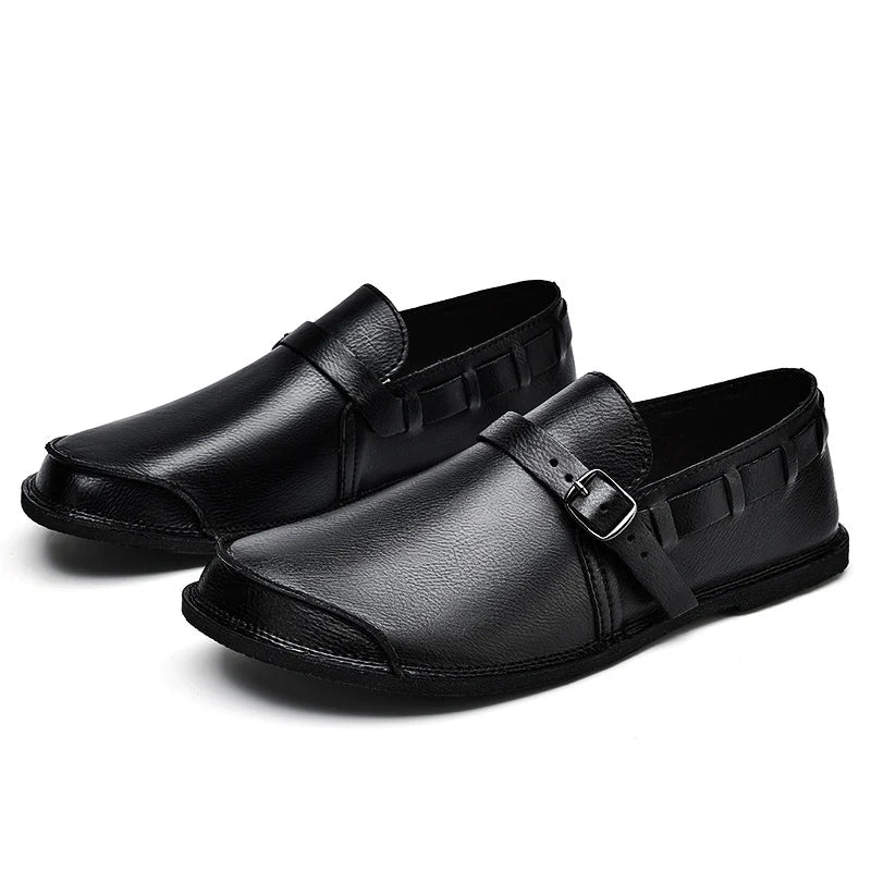 Sapatos Masculinos de Couro com Bico Largo e Sem Cadarço, Flats Casuais Minimalistas Antiderrapantes Primavera Verão Outono