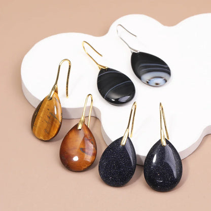Natural Stone Pendant Women's Teardrop Earrings Elegant Gem Jewelry Creative Gift Black Obsidian Amethyst Rose Quartz Earrings