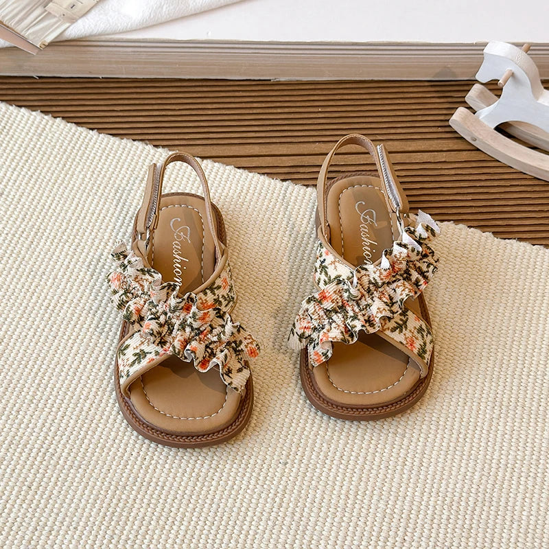 Summer Girl's Sandals Open Toe Flower Hook-loop Chic Kid's Flat Shoe Solid Colors Light Comfy Casual Daily Children Shoes 23-33