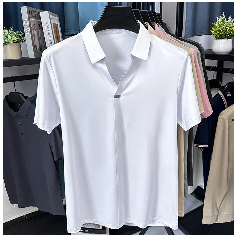 High quality ice silk short sleeve T-shirt men's lapel top trendy brand design cool silky breathable summer casual polo shirt