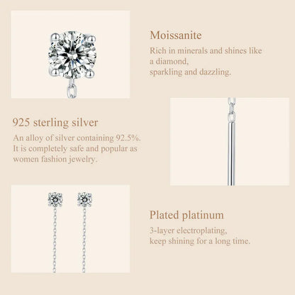 Moissanite Threader/Drop Earrings for Women, 925 Sterling Silver Moissanite Platinum Plated Chain Hypoallergenic Earrings