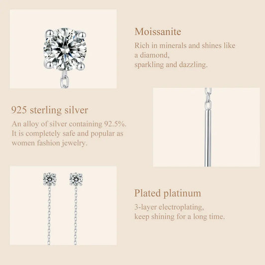 Moissanite Threader/Drop Earrings for Women, 925 Sterling Silver Moissanite Platinum Plated Chain Hypoallergenic Earrings