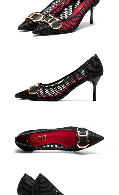 High Heels Red 2025 Spring New Hollow Business Women's Shoes 7cm Red Evening Shoes net