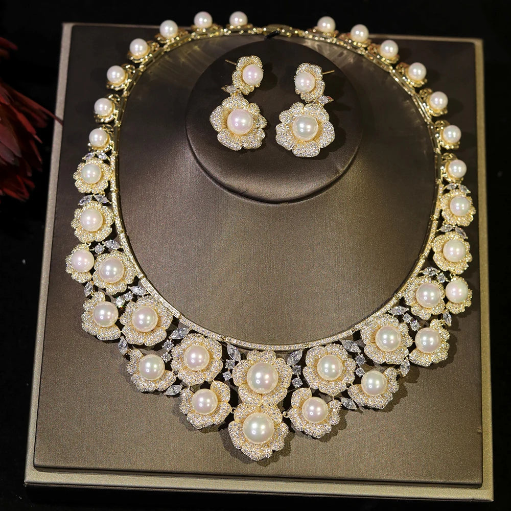 High Quality Zircon Pearls Jewelry sets Luxury Designer Flower Necklace Women Sparkling Dubai Bridal Party Costume Accessories