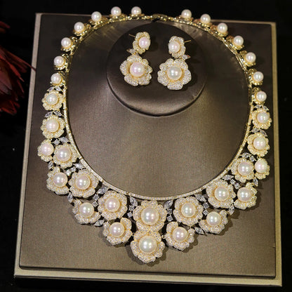 High Quality Zircon Pearls Jewelry sets Luxury Designer Flower Necklace Women Sparkling Dubai Bridal Party Costume Accessories
