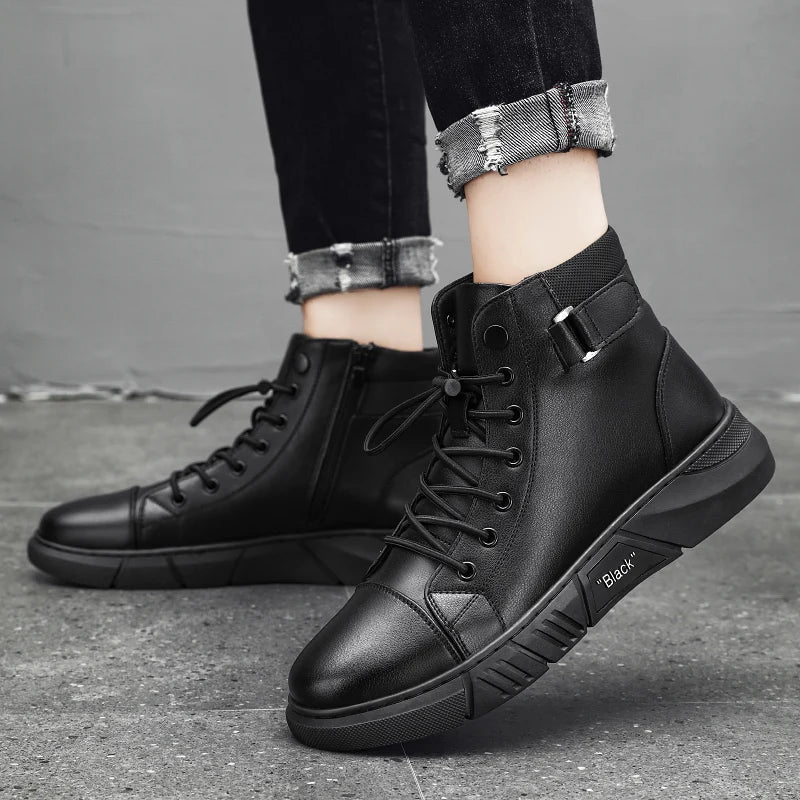 Black Leather Men Ankle Boots Winter Outdoor Casual Shoes No-slip High Top Male Work Shoes High Quanlity Light Man Chelsea Boots