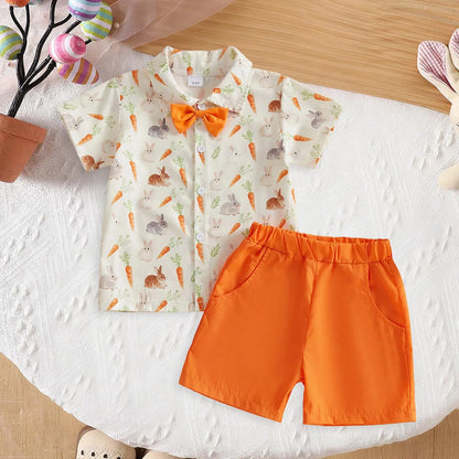 Baby Boy Easter Outfit Short Sleeve Gentleman Button Down Shirts Solid Shorts Toddler Boys Party Bow Two Piece Suit Tracksuit