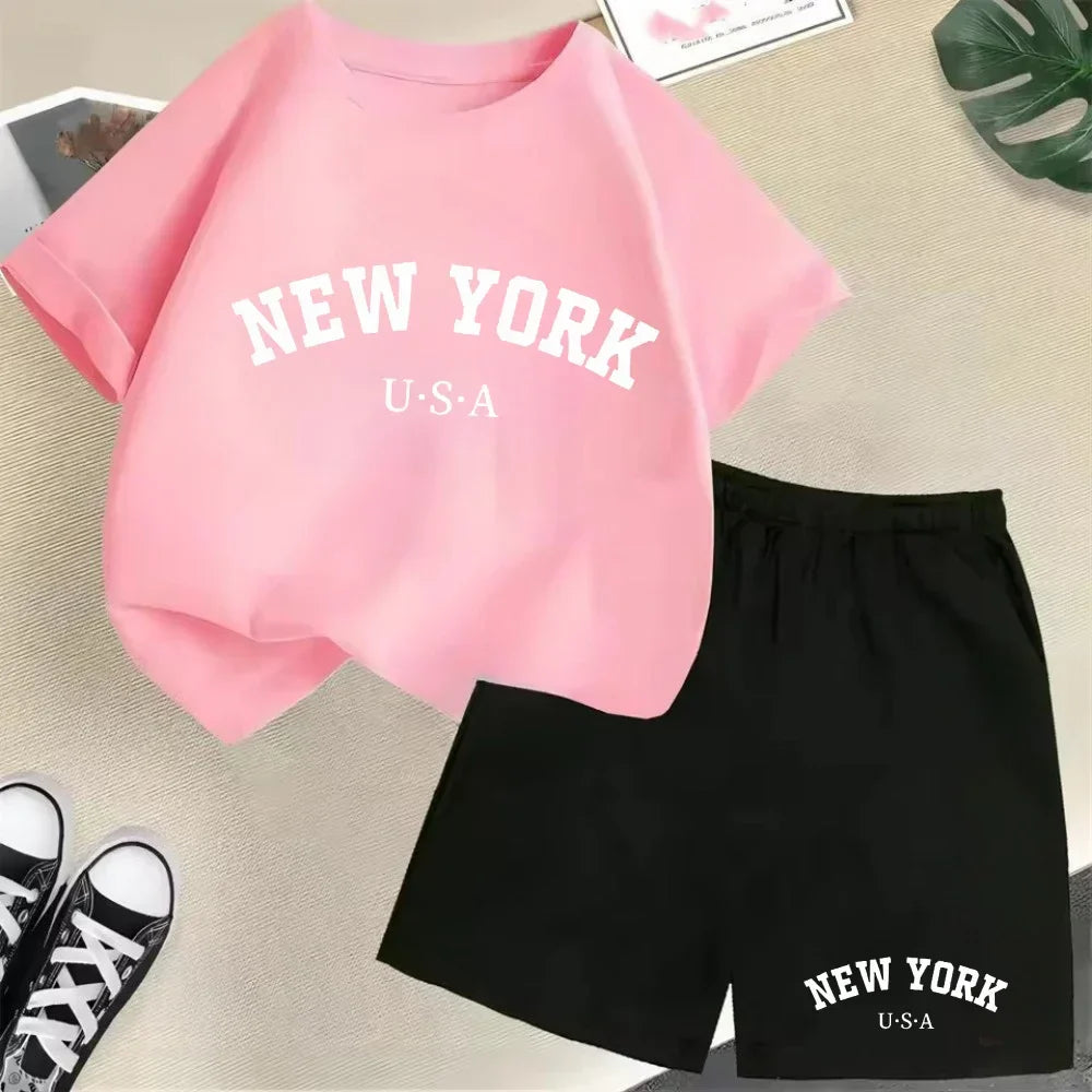 Summer Short Sleeve New York USA Letter Graphic Kid Tshirt +shorts 2pcs Set Baby Boy Girl Clothes Sport Cotton Children Outfit