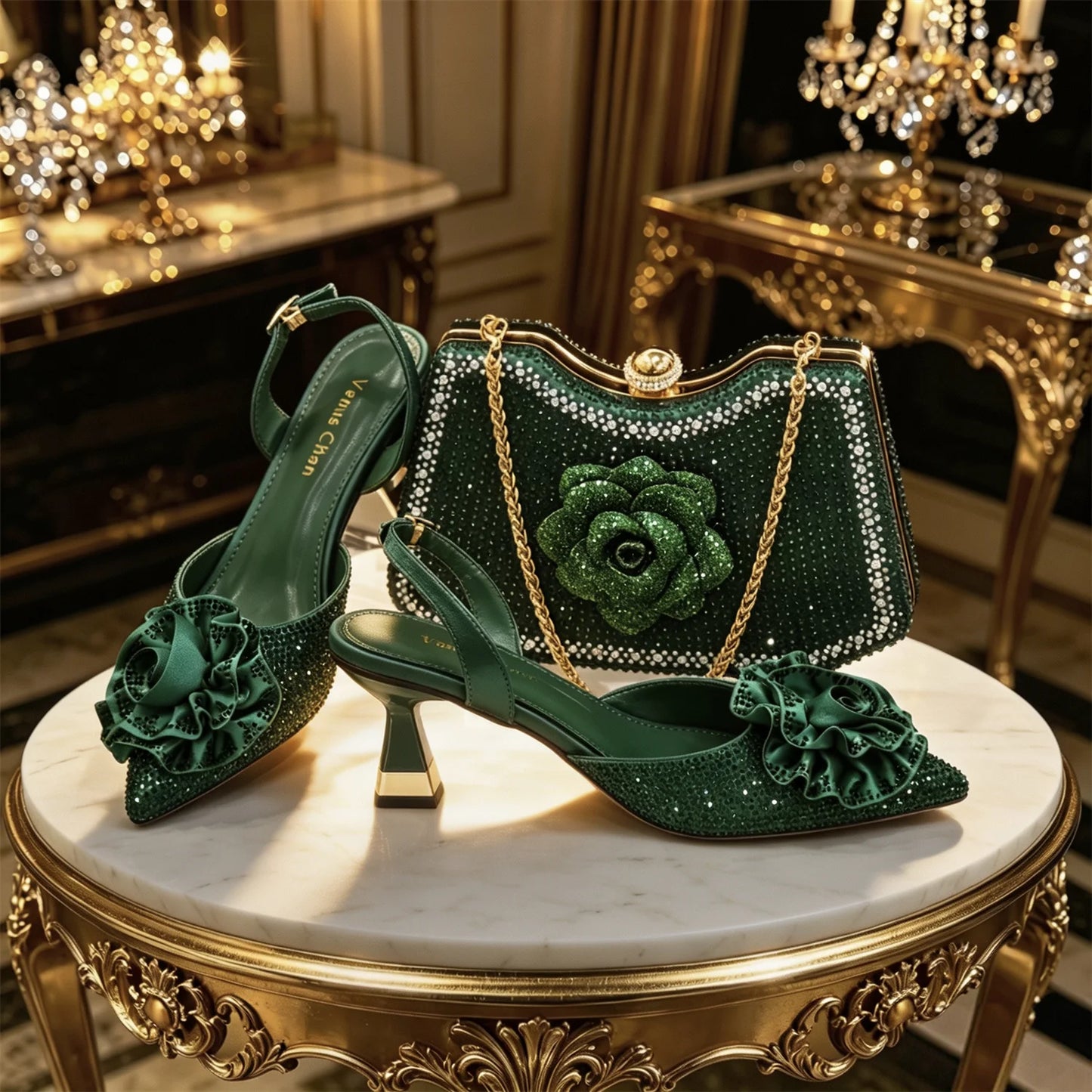 Luxury Green 3D Rose Rhinestone Shoes And Bag Set Women Pointed Toe Slingback High Heels Matching Clutch For Wedding Party
