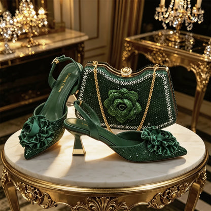 Luxury Green 3D Rose Rhinestone Shoes And Bag Set Women Pointed Toe Slingback High Heels Matching Clutch For Wedding Party