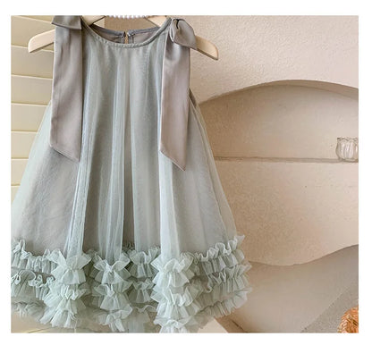 2024 Summer Korean  Girls New Sleeveless Bow Solid Color Sweet and Gentle Princess Dress Childrens Trend