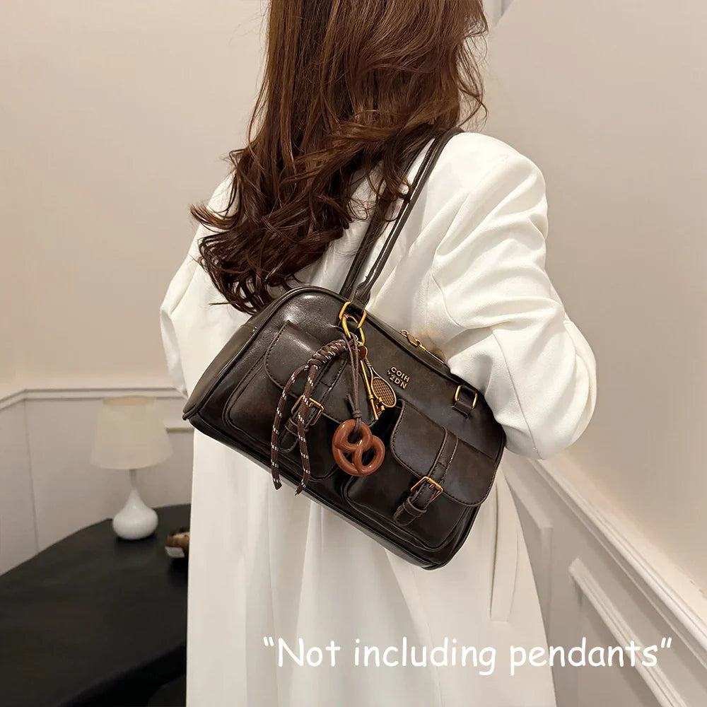 Women's Retro Solid Color Pu Leather Shoulder Bag with Multiple Pockets, Large Capacity, Exquisite and Fashionable Handbag