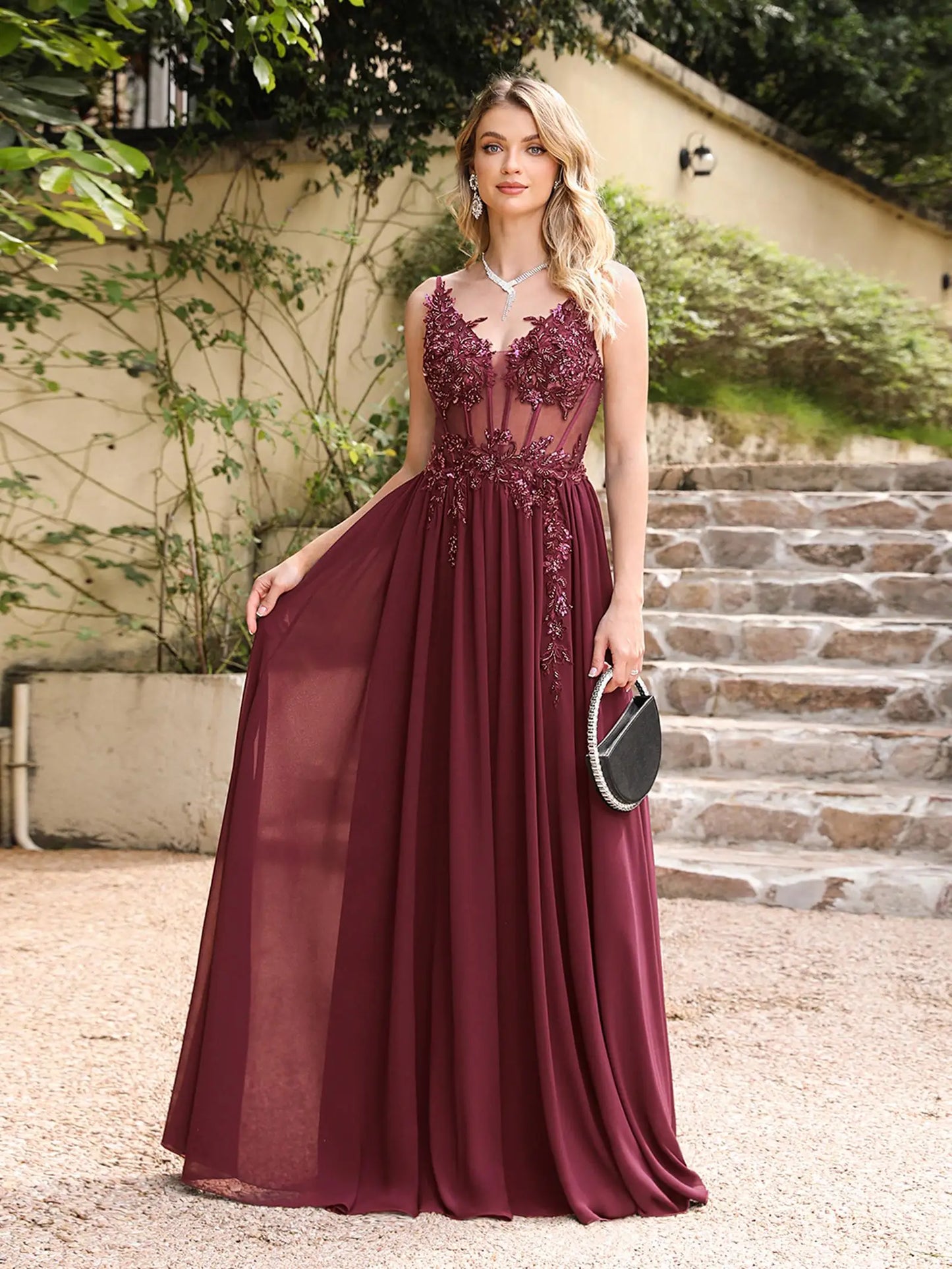 Dusty Pink Sheer Evening Dresses Lace Applique Spaghetti Straps V-Neck Backless Prom Dress Chiffon A-Line 2025 Formal Party Gown
