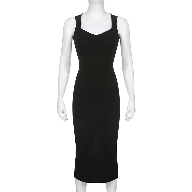 Basic Knit Long Dress Korean Fashion Square Collar Sleeveless Women's Dresses Summer Casual Y2k Vintage All-match Outftis