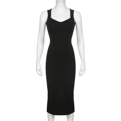 Basic Knit Long Dress Korean Fashion Square Collar Sleeveless Women's Dresses Summer Casual Y2k Vintage All-match Outftis