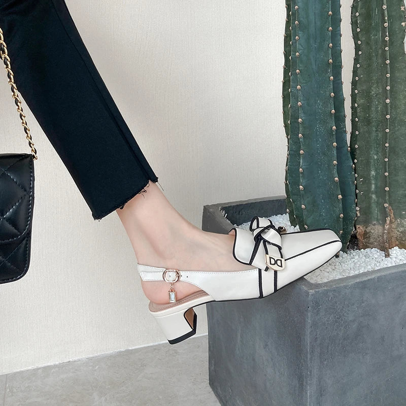 2025 French Style Genuine Leather Sandals Women Covered Toe Butterfly Knot Party Dating Sandals Office Ladies Pumps