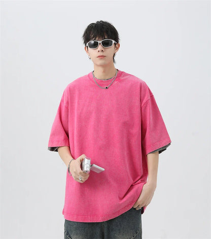 Japanese Korean Style Stir Fried Snowflake Washed T-Shirts Men Women Cotton Heavyweight Summer Hip Hop Streetwears Short Sleeved