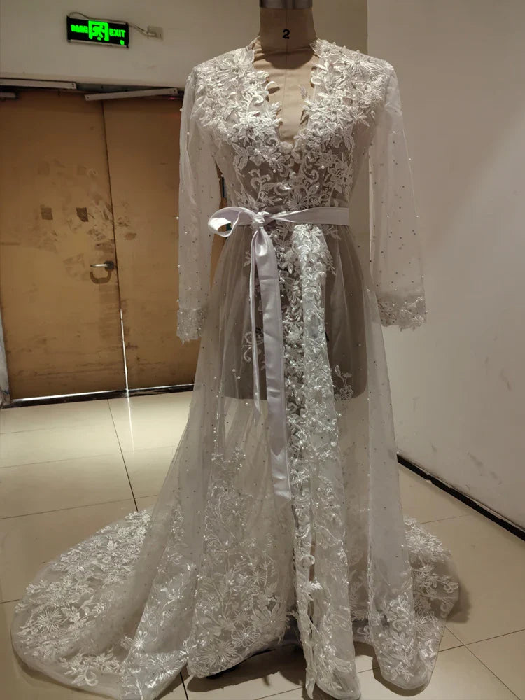 Pearls Appliques Long Sleeve Wedding Robe Jacket Robe Party Shawl BOLERO Bridal Cape Crystal Beaded Long Wedding Coat Customized