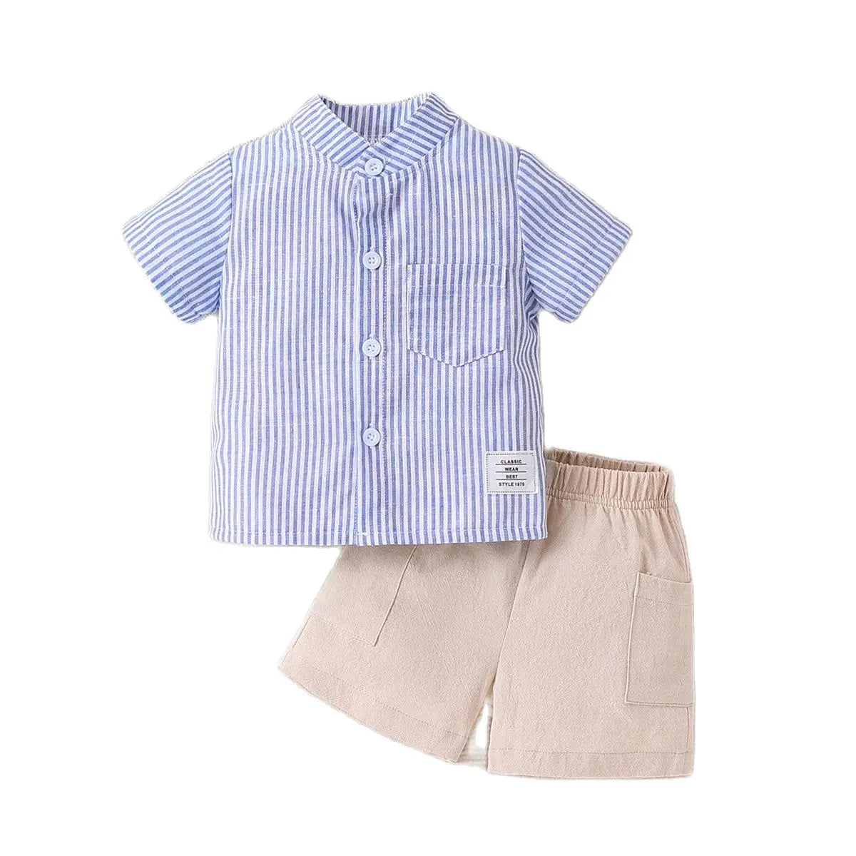 2-piece set of fashionable casual striped short sleeved shirt and breathable practical shorts for baby boys, summer