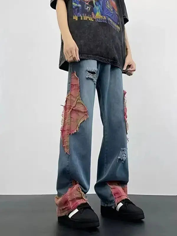 Calça Jeans Boca de Sino com Barra Larga Hip-Hop para o Verão, Design de Rua com Recortes, para Uso ao Ar Livre | Kpop Demon | Halloween | Jor