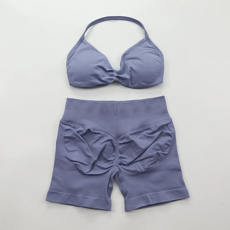 Scrunch Seamless Yoga Set Women Sportswear Ribbed Gym Shorts Strappy Sports Bra 2 Piece Set Halter Workout Clothes Fitness Suit