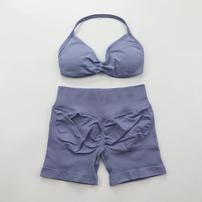 Scrunch Seamless Yoga Set Women Sportswear Ribbed Gym Shorts Strappy Sports Bra 2 Piece Set Halter Workout Clothes Fitness Suit