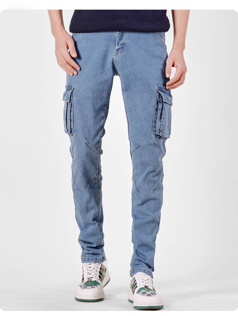 Men's Jeans Street Style Waist Denim Cargo Pants Solid Color Washed Slim Fit Casual Jeans with Multiple Pockets for Daily Wear