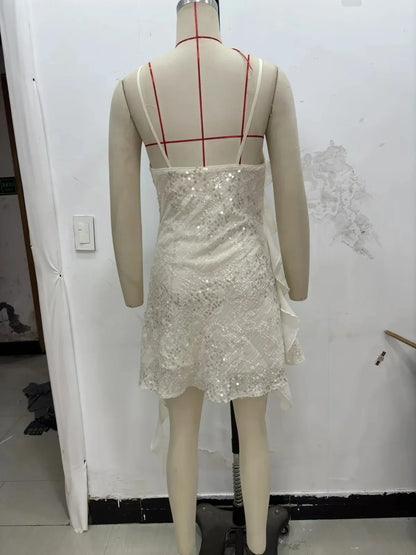 Women Dress Solid Cami Backless Sequined Tierred Mini Short Dress Fashion 2025 Fall Evening Club Party Dress