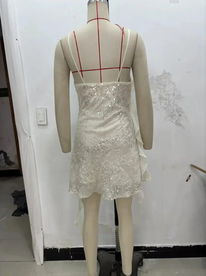 Sexy Chic Women Dress Solid Cami Backless Sequined Tierred Mini Short Dress Fashion 2025 Fall Evening Club Party Dress