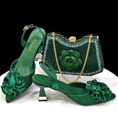 Elegant Shiny Dark blue Handbag and Medium Heel Shoes Set with Beautiful Handmade Flowers for Weddings and Parties
