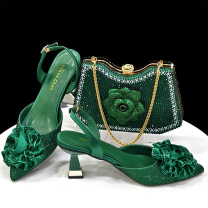 Shiny Fuchsia Color Shoes and Bag Elegant Handbags and Medium Heel Shoes Beautiful Handmade Flowers For Wedding Party