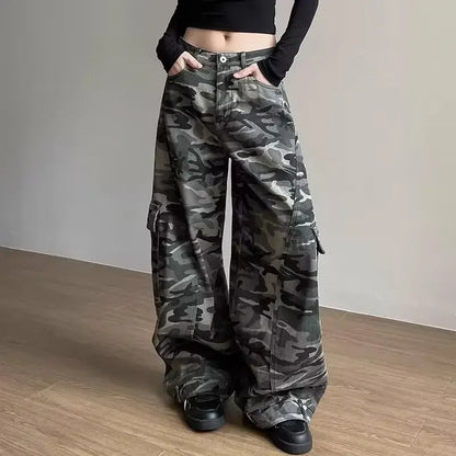 Retro Baggy Knife Edge Camouflage Denim Work Trousers