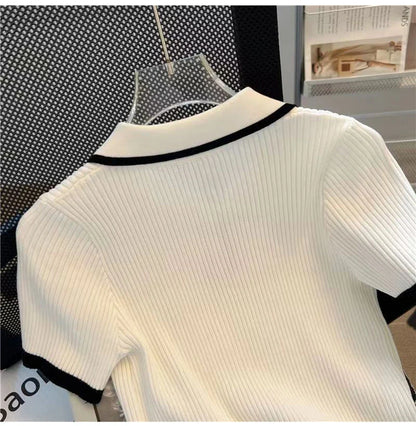 Ice silk knitted short sleeved T-shirt for women's summer 2024 new fashionable and stylish polo shirt top