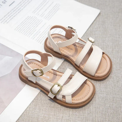 Girls Roman Sandals Open Toe Little Kids Leather Sandals with Buckle Open Toe Children Summer Beach Shoes Non-Slip Soft Sole