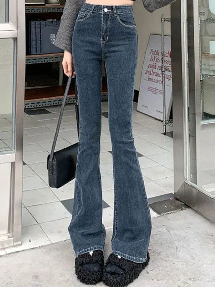 High Waist Elastic Boot Cut Pants Denim Bell Bottom Trousers