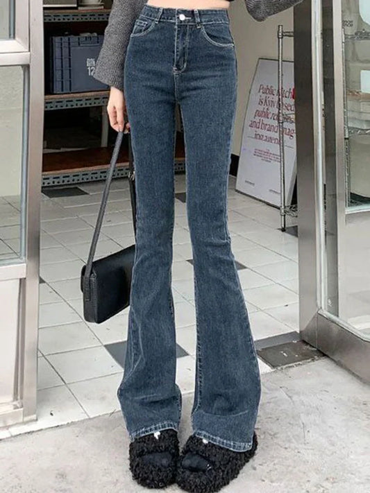 High Waist Elastic Boot Cut Pants Denim Bell Bottom Trousers