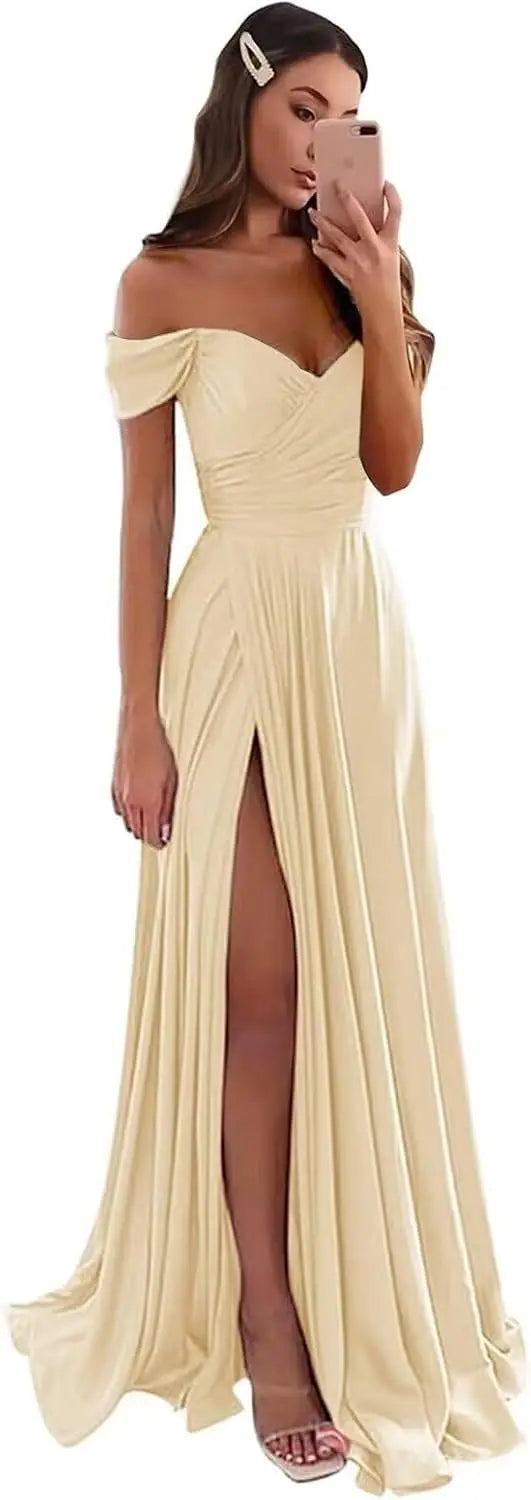 Women's Satin Prom Dresses Long Slit Formal Dresses Off Shoulder Evening Wedding Party Gowns Ruched Sweetheart Lace up Back