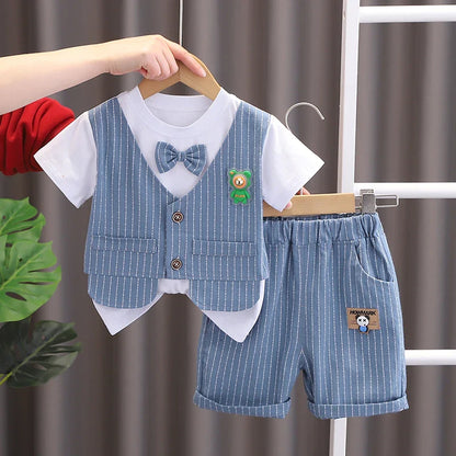 New Summer Kids Boys Clothes High Qulity Short Sleeve Gentleman Patchwork T Shirt Pants Toddler Boy Clothing Casual Outfits