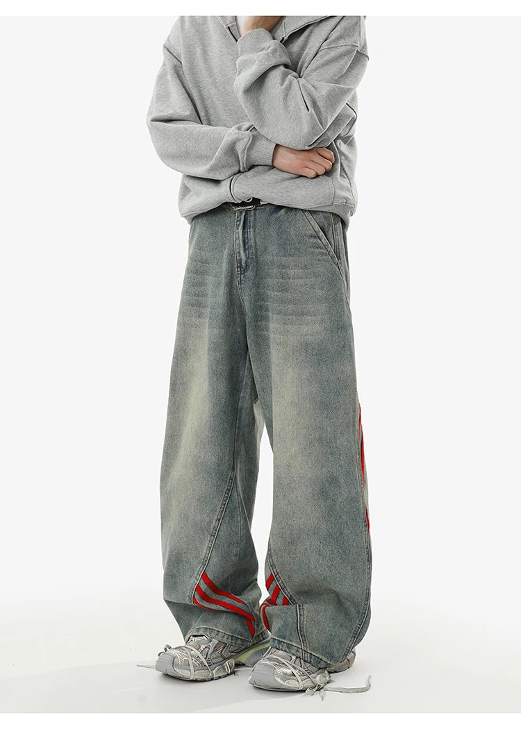American retro baggy wide leg jeans for men and women  loose casual striped washed long pants