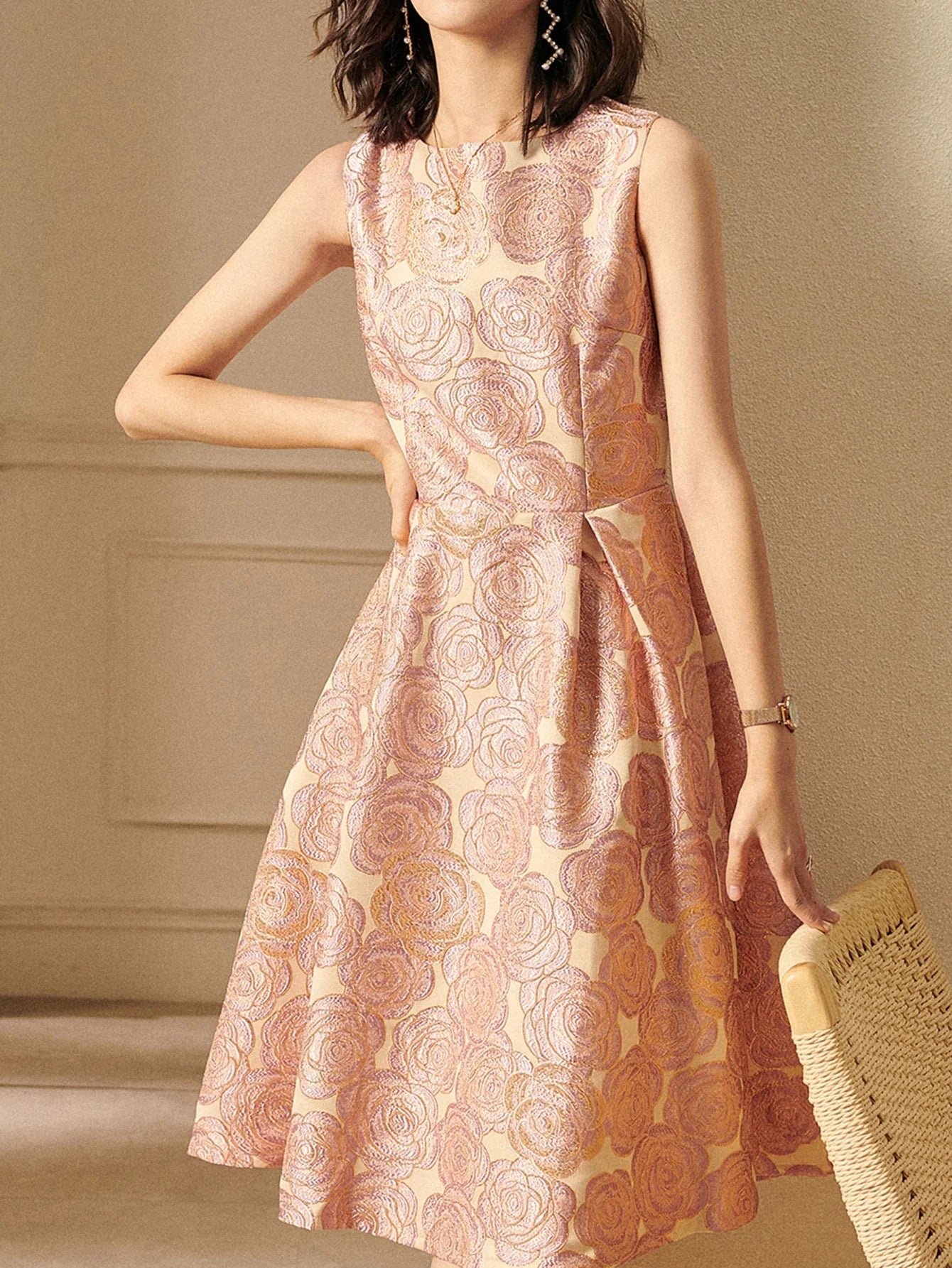 Elegant Women Sleeveless Summer Jacquard Boho Floral Vintage Ladies Party Clothes New A-Line Midi Dress Ladies Gowns