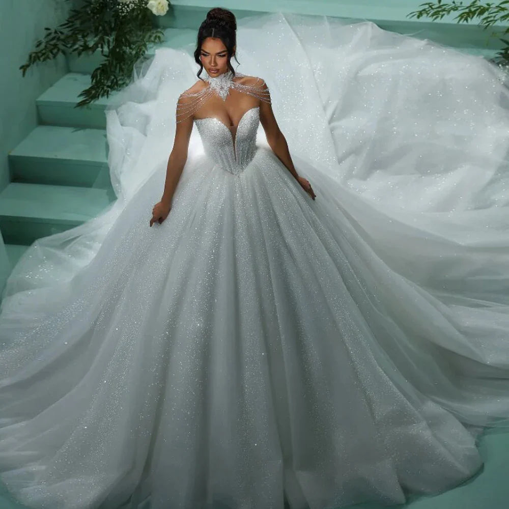 Customized Glitter Princess Wedding Dresses 2025 Beading Ball Gown Bride Dress Sweetheart Beaded Cathedral vestidos de novia