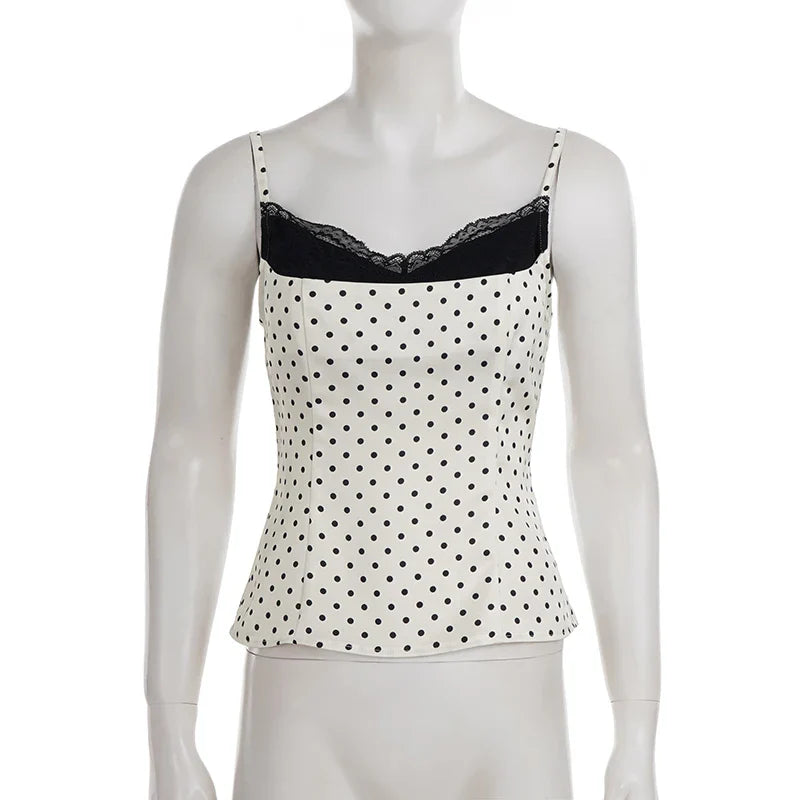 Chic Lace Patchwork Polka Dot Camis Tops Elegant Sleeveless Tank Tops Summer Casual Daily Wear Streetwear Camisole 2026